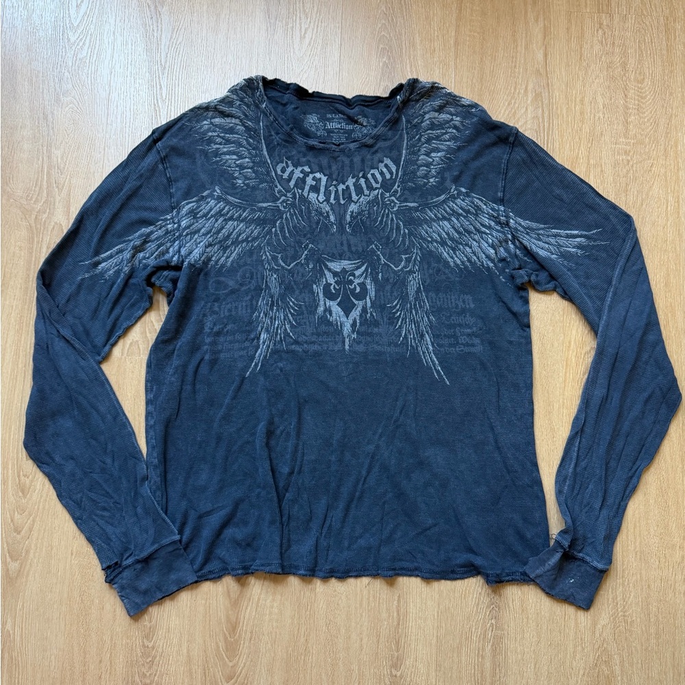 Affliction Black Distressed Graphic Long Sleeve Tee